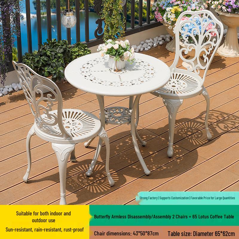 White Wrought Iron Cast Aluminum Outdoor Patio Table and Chairs Set - Waterproof Villa Courtyard Garden Balcony Furniture