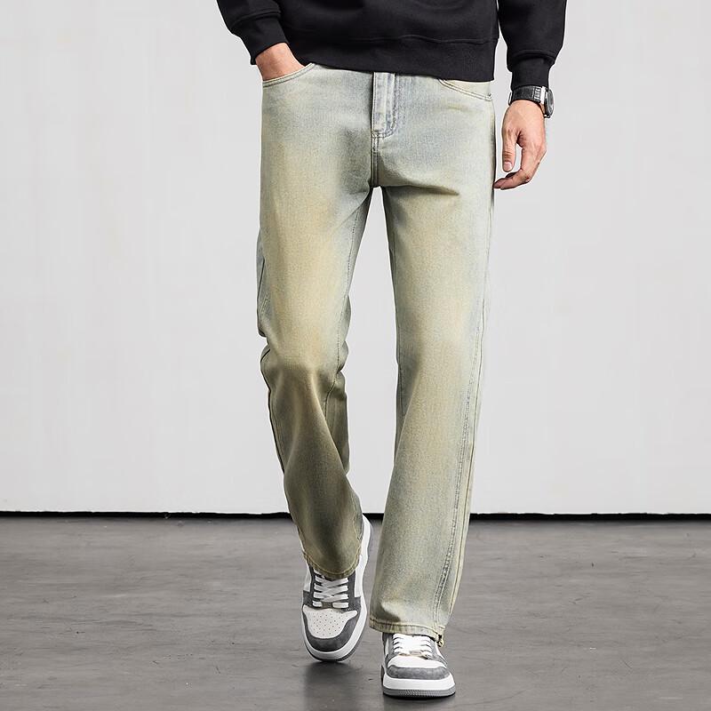 FAPAI Men's Washed Straight-Leg Cotton Jeans
