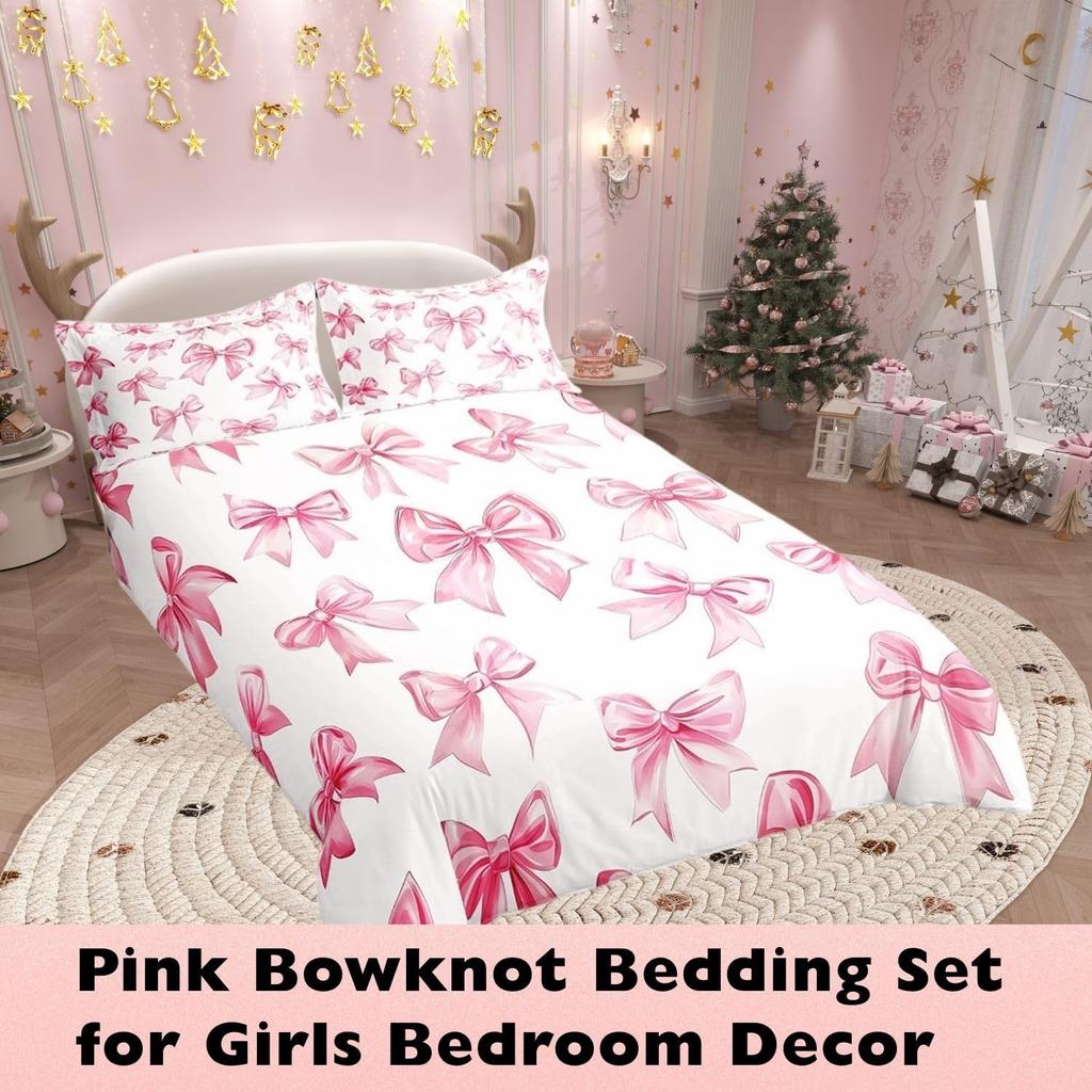 Pink Bow Duvet Cover Set Single Size With 1 Pillowcase Dreamy Princess Style Bedding Set For Kids Girls Teens