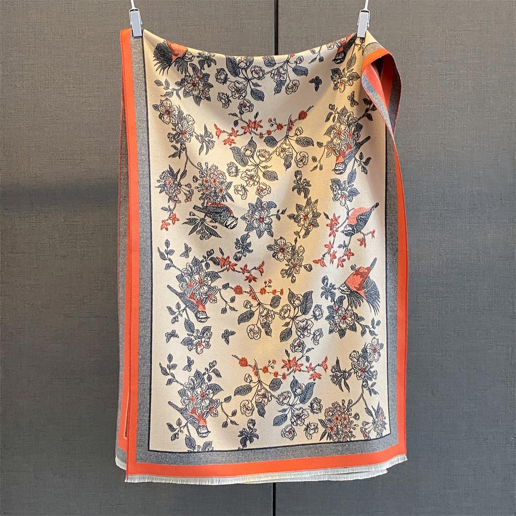Floral Thickened Warm Scarf Tassel Pashmina Shawl Women‘s Imitation Cashmere Warps Autumn/Winter Coldproof Windproof Blanket