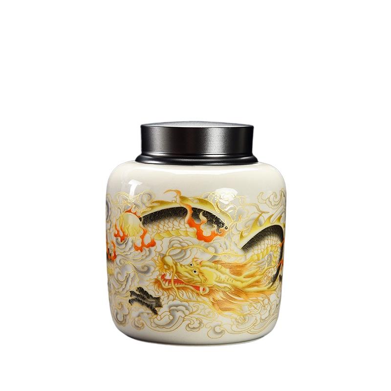 Creative Alloy Sealed Tea Can Ceramic Dragon and Phoenix Pattern Storage Jar Home Coffee Beans Candy Jar Home Decoration Modern