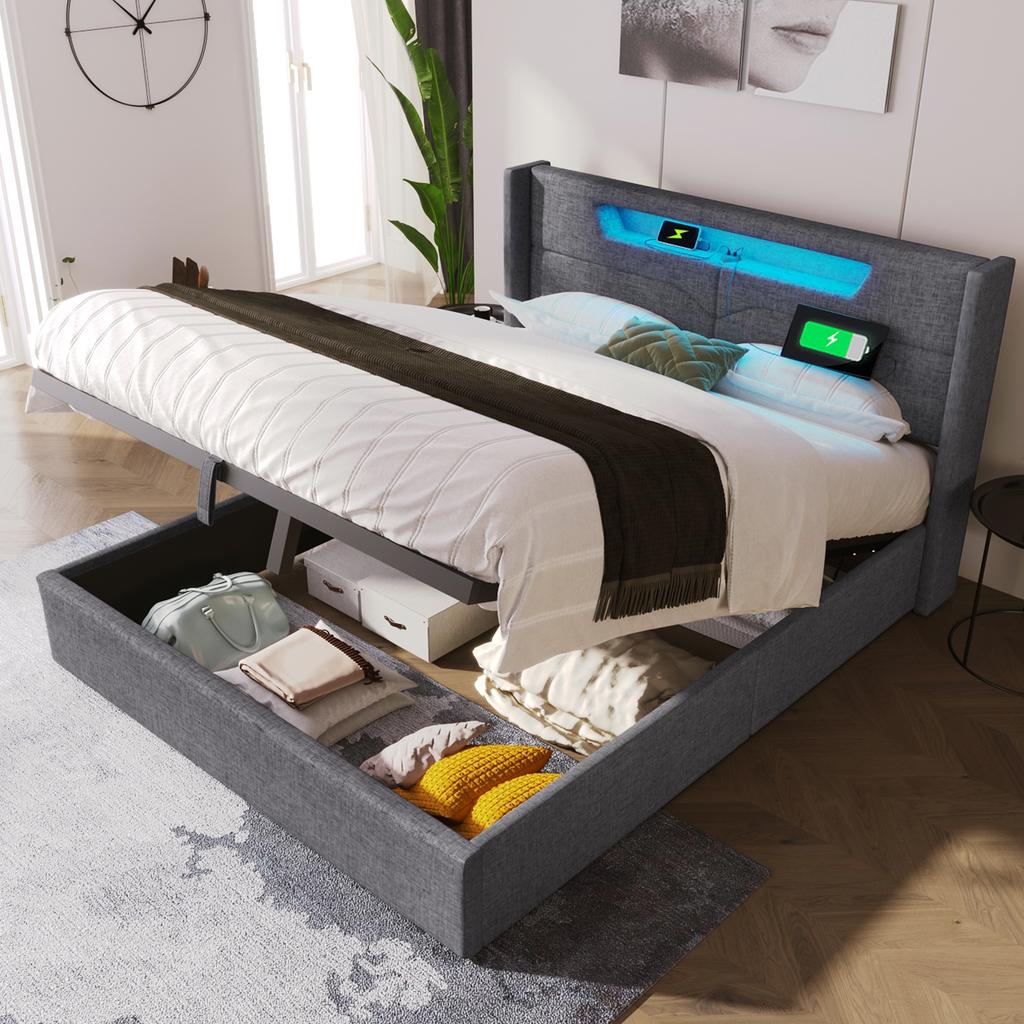 Upholstered LED Double Bed with USB Type C Charging and LED Lighting, Storage Bed Frame Made of Linen, Youth Bed 140x200 Slatted Frame (With Mattress)