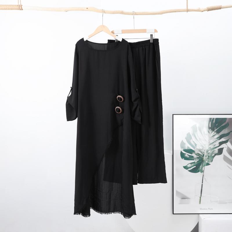 

Весна Осень Женские Брюки Комплекты Однотонные Неровные Высокий Низкий Подол Женский Комплект Из Двух Частей С О-Образным Вырезом Топ С Разрезом Широкие Брюки Комплекты 2XL чёрный