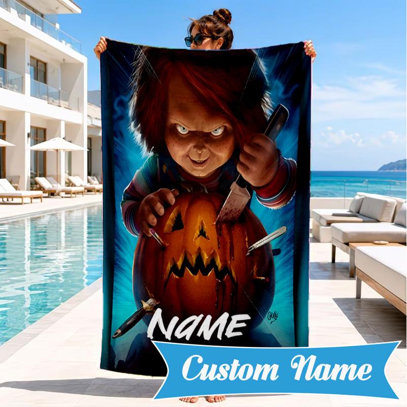 Custom Name Chucky and Tiffany Beach Towel Microfiber Beach Towel, Lightweight and Quick-Dry, for Summer Travel, Swimming Pool Gift