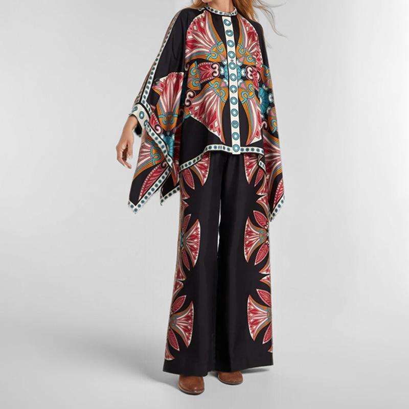 

Винтажные принты брюки комплекты женские нестандартные свободные рубашки с длинным рукавом широкие брюки комплект из двух предметов женская мода тренд уличная одежда XXL