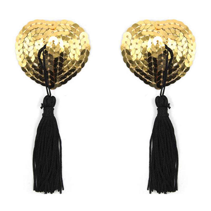 Heart-Shaped Sequined Nipple Covers with Tassels - Silicone Pasties Lingerie Accessories