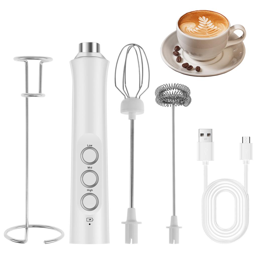 Handheld Electric Milk Frother with 2 Heads, Coffee Whisk Foam Mixer with USB Rechargeable 3 Speeds, Foam Maker Blender