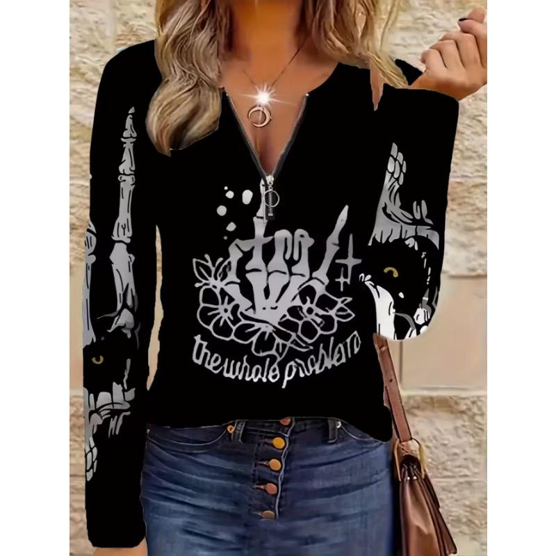 Women's elegant printed zipper long-sleeved top, stylish and versatile for autumn and winter casual and office wear, machine washable