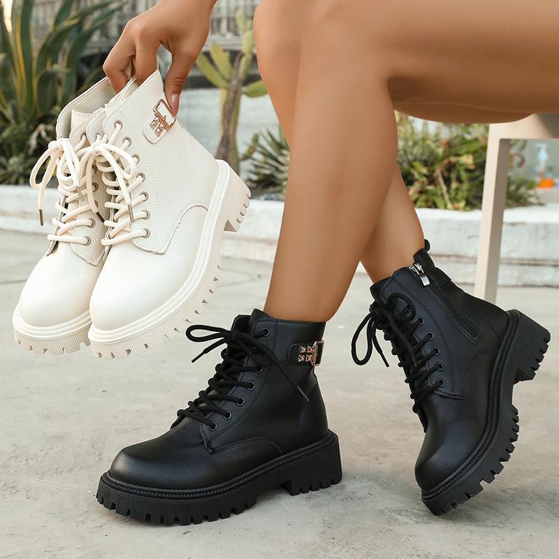 Fashion Fashion Buckel Thick Sole Ankle Boots Women Lace Up Punk Motorcycle Boots Woman Pu Leather Thicken Plush Short Booties Mujer