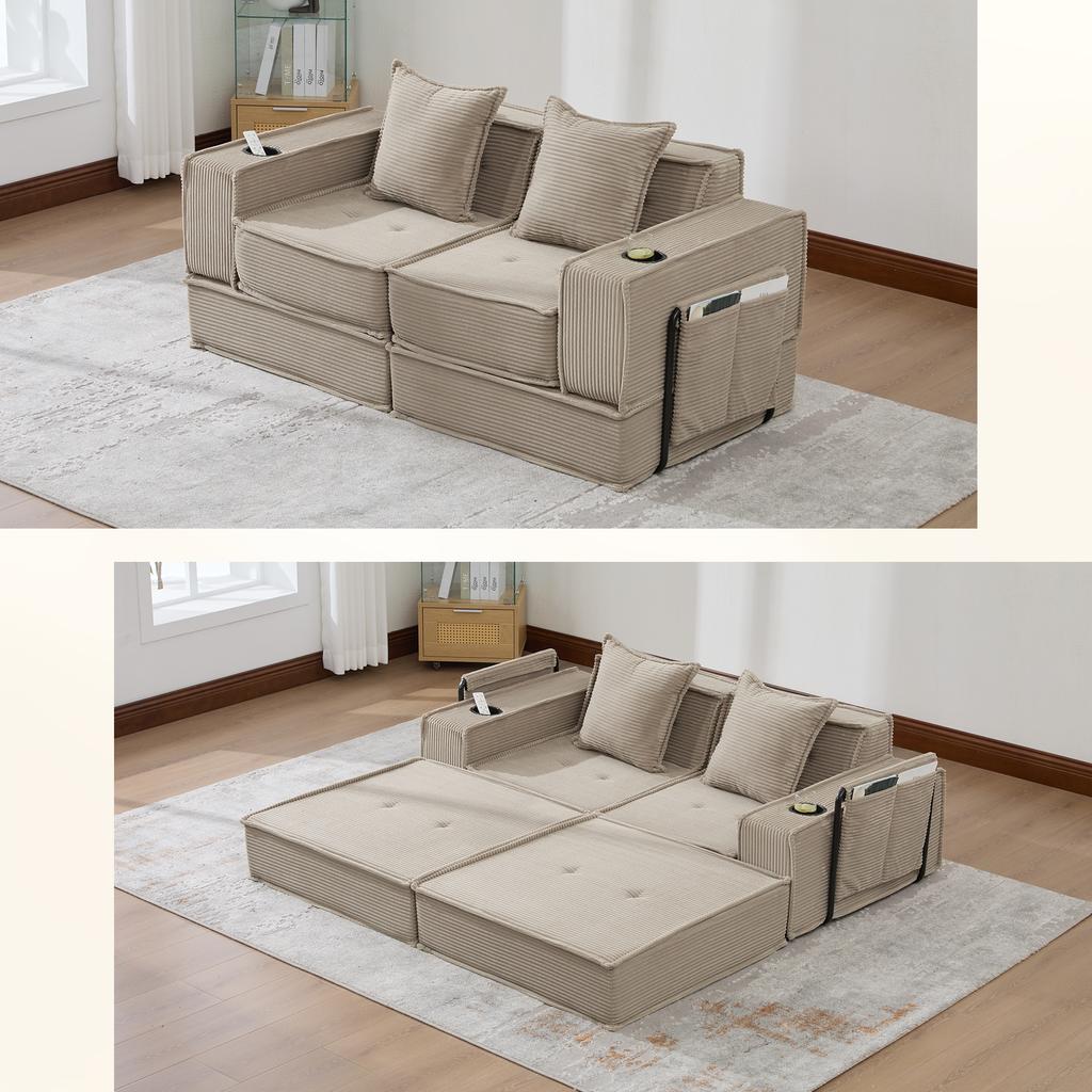 Sofá Cama Duplo com Sofá de Dois Lugares em Tecido e Duas Almofadas. Banquinho Decorativo com Armazenamento Lateral e Porta-Copos.