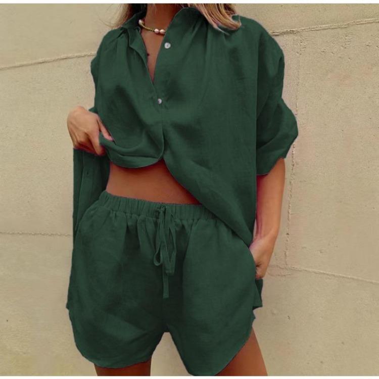 Summer Women Fashion Two Piece Set Casual Loose Button Tops with Drawstring Shorts Solid Color Home Suits Short Sleeve Outfit