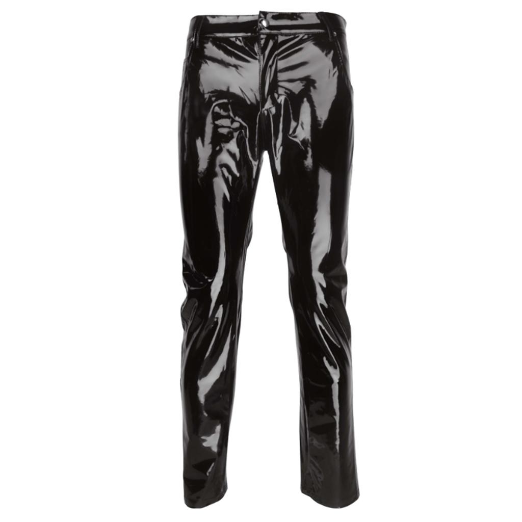 Pantalon Homme Aspect Mouillé Brillant Cuir Verni Taille Moyenne Jambe Droite Pantalon de Performance de Scène de Boîte de Nuit