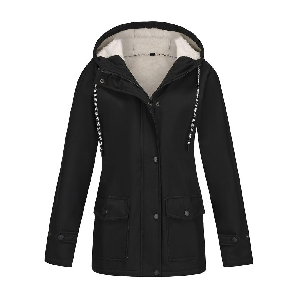 Model Lady Spring and Autumn Hooded Trench Coat Composite Fleece Waterproof Coat, Long-sleeved Zipper Cardigan Jackets