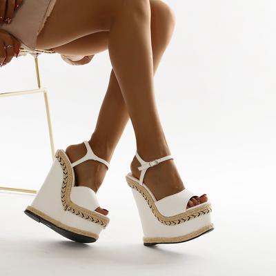 Sommer Gras gewebt Keilabsatz Bequeme Sandalen Damenschuhe Party PU Plateau Schnalle Mode Sandalias Mujer Maximale Größe 42