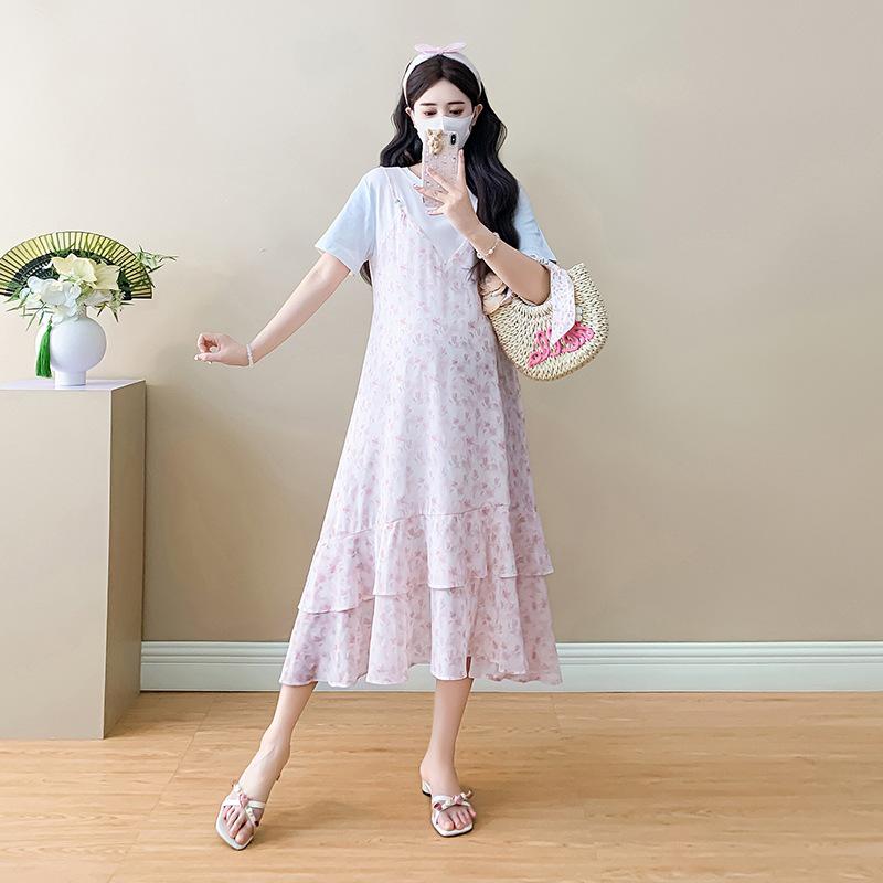 

2026 Summer Collection: Plus Size Maternity Dress with Faux Two-Piece Design M рожевий