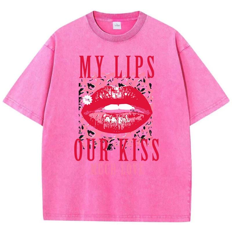 Cotton Womens Acid Wash T-Shirts My Lips Our Kiss Letter Printing Tee Shirts Comfortable Oversized Tops Street Clothes