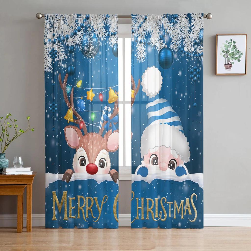 Christmas Red Santa Claus Elk Ball Lantern TCurtains For Living Room Bedroom Kitchen Decoration Window Tulle Curtain