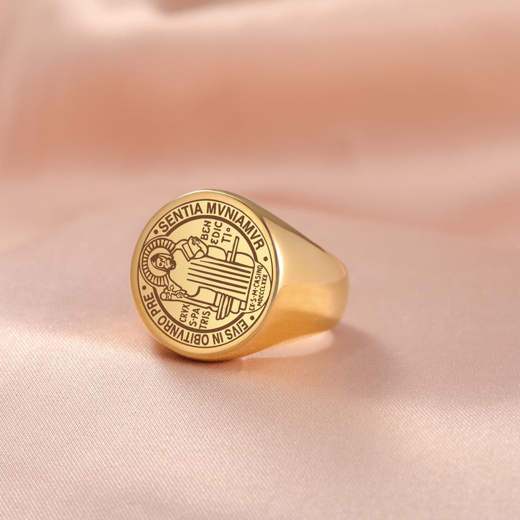 Jeshayuan Saint Benedict of Nursia Pendant Ring For Women and Man Round Stainless Steel Ring Catholicism Amulet Jewelry Gift