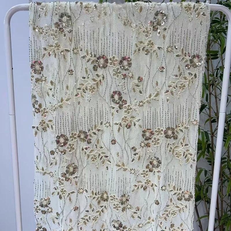 Elegant Beads Sequins Lace Fabric Sequins Embroidered Lace Fabric Diamond Fringe Wedding Dress Material for Clothing