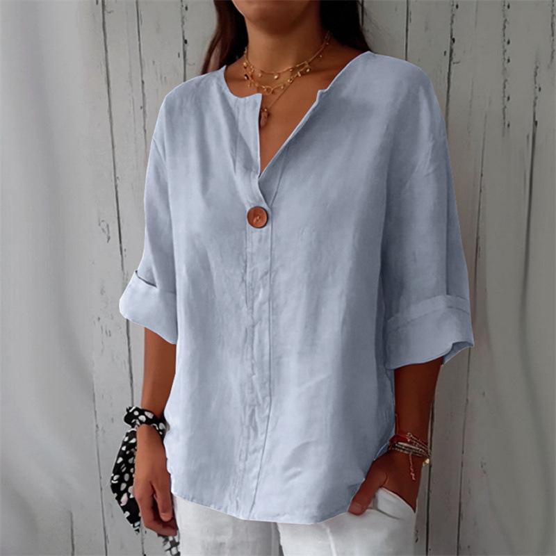Vintage Harajuku Button T Shirt Casual Summer Three-quarters Sleeve Cotton Linen Solid Loose Blouse Elegant Oversize Tee Shirt Streetwear
