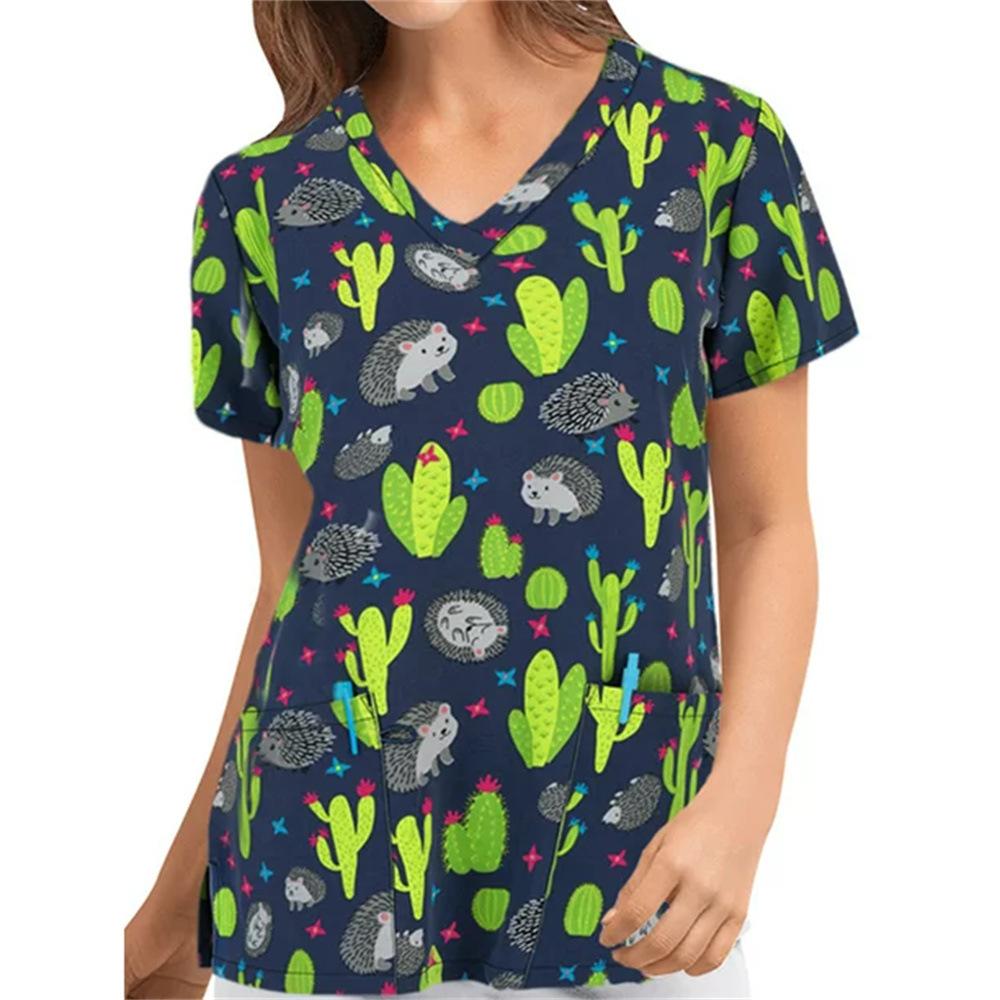 Women's T-shirt V-neck Nurse Uniform Casual and Comfortable Short Sleeved Women's Dreamy Printed T-shirt