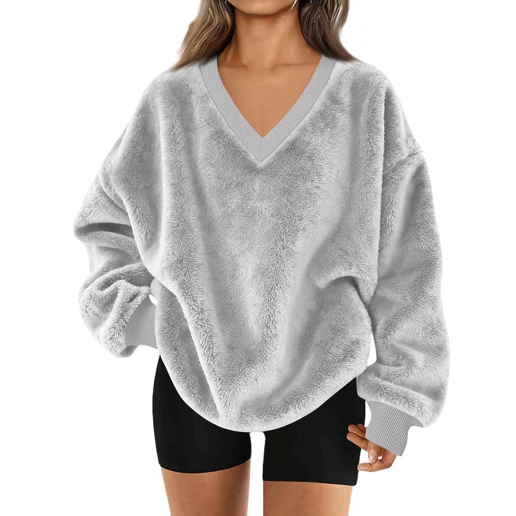 Women's V-Neck Sweatshirt Plush Color Casual Fashion Long Sleeve With Pocketed Pullover Top