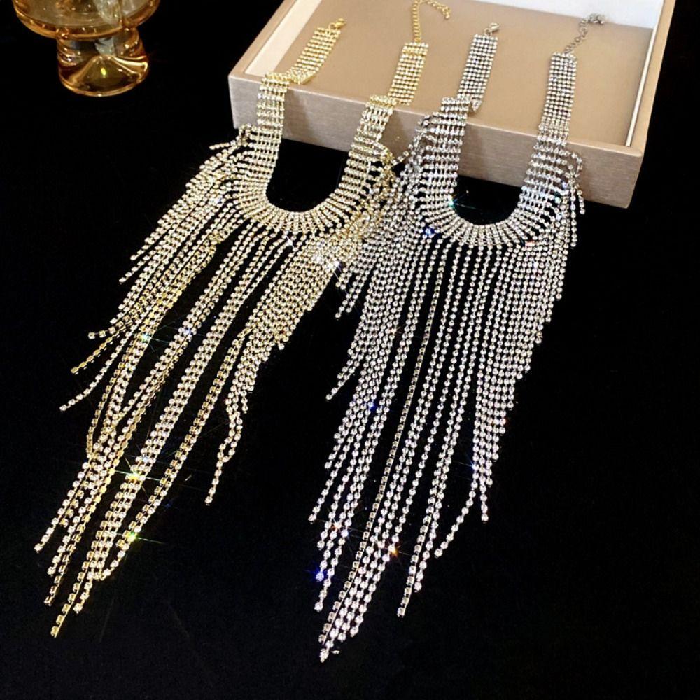 Korean Style Full Rhinestone Necklace Geometric Clavicle Chain Long Tassel Necklace  Wedding