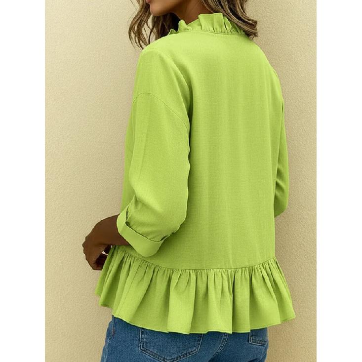 2026 Spring/Summer New Long-Sleeve Ruffle Hem Shirt for Women, Casual Solid Color Top