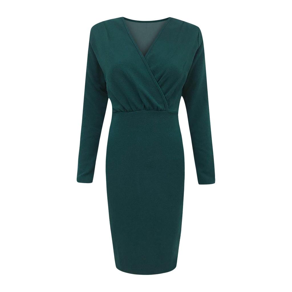 Ladies Fashion Long Sleeve V-neck Color Split Hip Packing Tight Dress