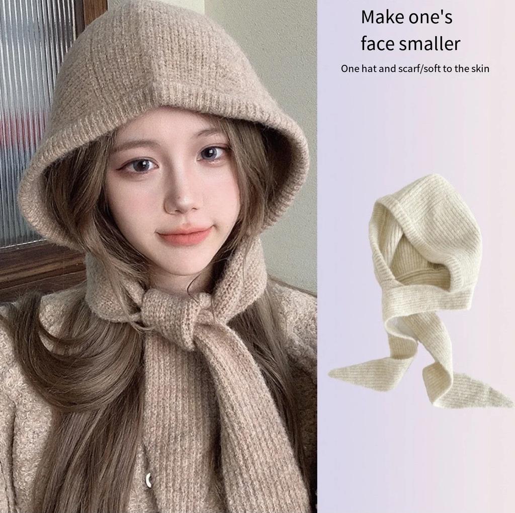 Korea Cute Women's Knitted Hood Scarf Little Red Hat Warm Ear Protection Cold Windproof Cap Winter Fashion Woolen Pullover Hat