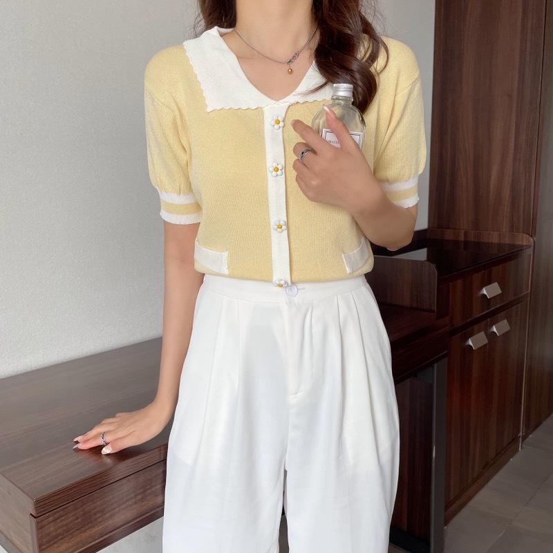 

Літня сливова декоративна гудзикова кофта з трикотажу з почуттям дизайну, нова футболка з коротким рукавом, повсякденна необхідна річ, комфорт і стиль, приталена кофта, футболки One Size абрикосовий