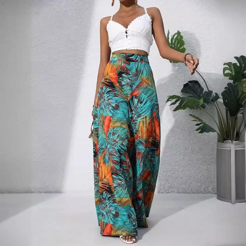 

Богемные летние винтажные широкие брюки с принтом, женские элегантные свободные брюки с высокой талией для женщин, модные праздничные пляжные повседневные брюки 24478 M