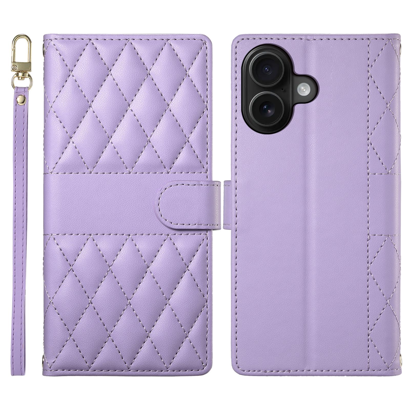 

For iPhone 16 Plus Case Rhombus Stitching Wallet Stand Leather Phone Cover with Long/Short Strap Purple
