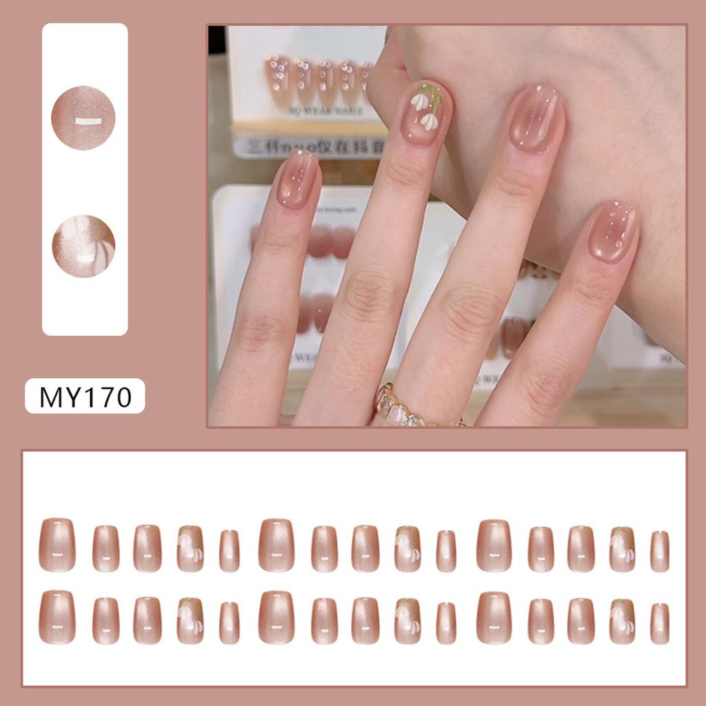 Cat Eye Press on Nails Flower Square Acrylic Fake Nails Reusable Stick on Nails for DIY Nail Art Manicure Decorations