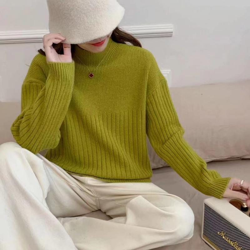 Solid Color Pit Strip Semi-turtleneck Soft Waxy Pullover Knitted Sweater Autumn and Winter New Simple Casual Style Bottoming Sweater Women