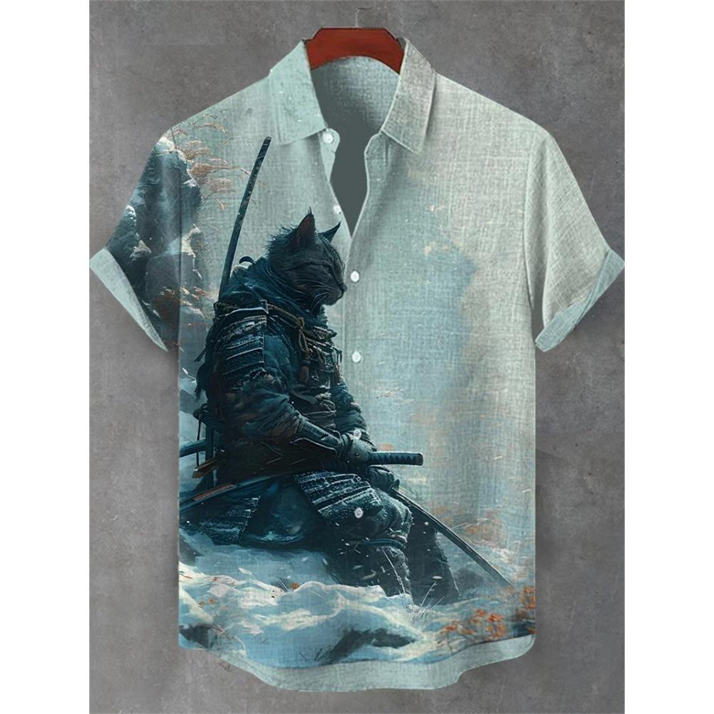Men s short-sleeve shirt, 3D printed casual top, fashionable collared shirt S