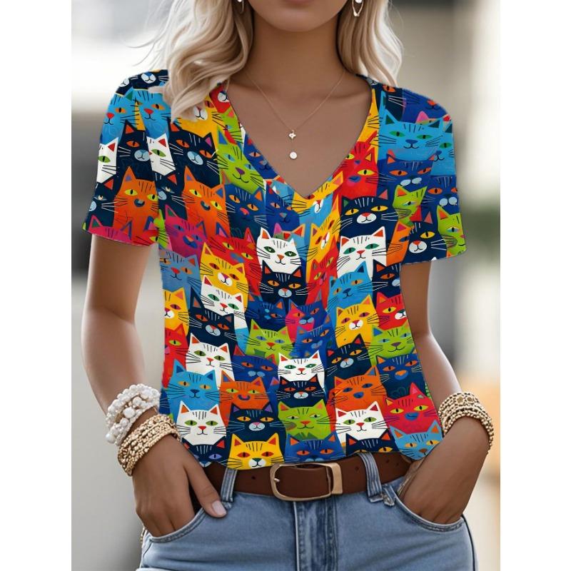 

A Vibrant V-Neck T-Shirt for Women Featuring a Cat Design, Perfect for Halloween Festivities, Showcasing a Fun And Creative Flair S