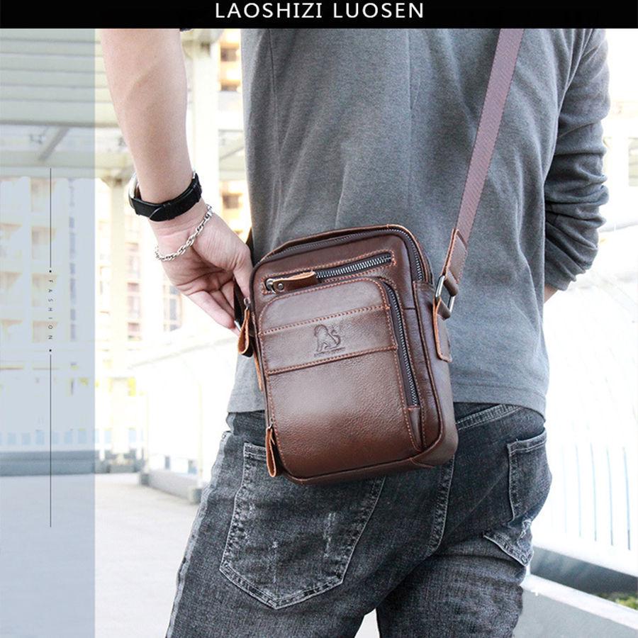 LAOSHIZI Borse a tracolla in vera pelle di mucca Borse da uomo con patta Casual Solid Borse a tracolla Borsa a tracolla Borsa a tracolla