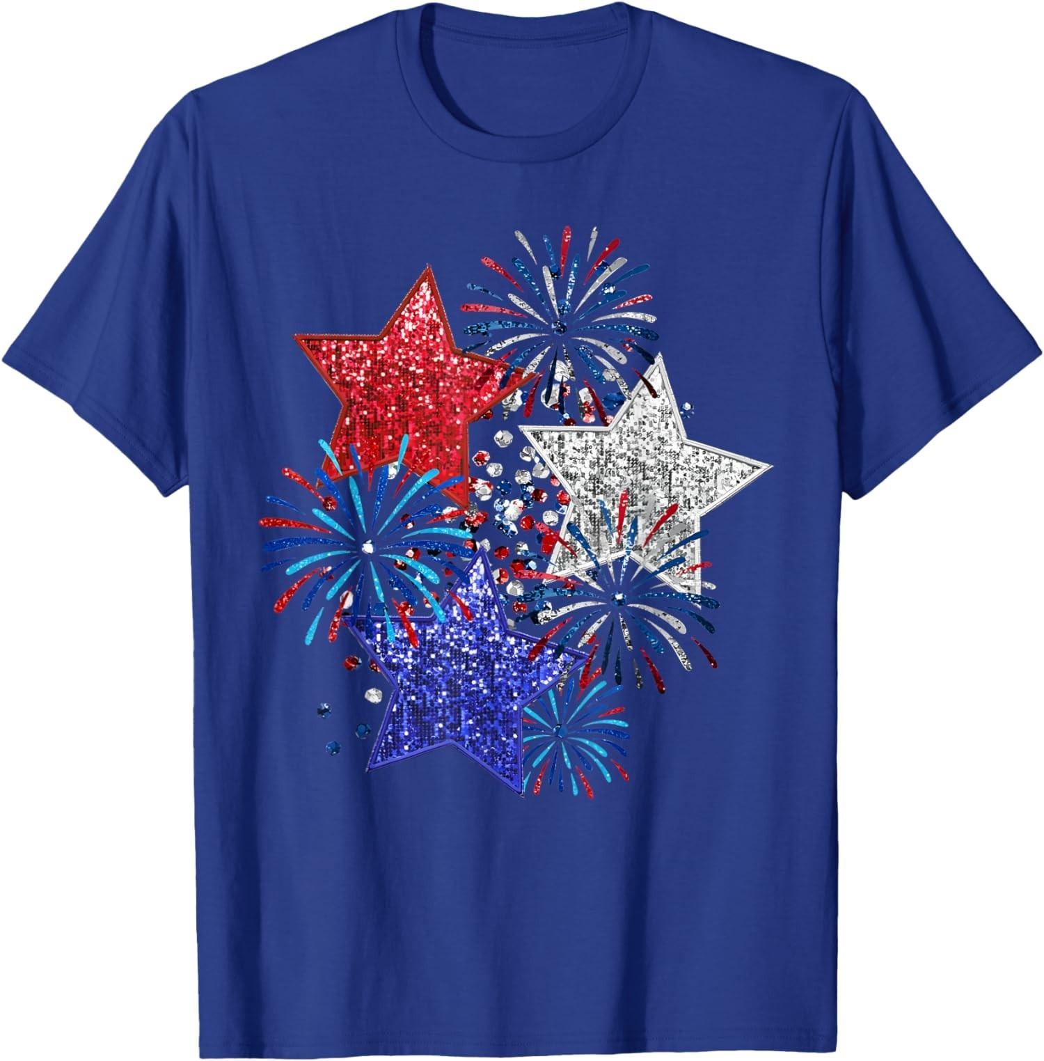 4th Of July Fireworks Stars Funny Cute Printed Design T-Shirt S разноцветный