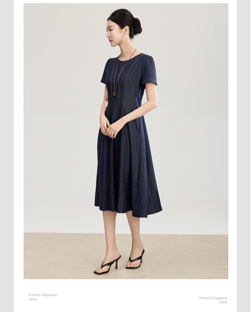 High-Quality Tencel Cotton Retro Waist-Cinched Short-Sleeve Spring/Summer Denim Dress
