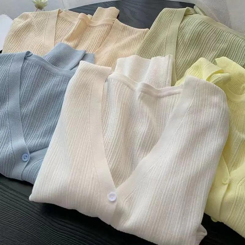 Women's Spring/Summer Knit Sweater Lightweight Solid Color Button-Up Sun Protection Cardigan