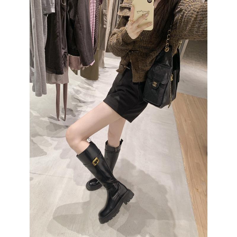 Coarse Heel High Boots 25 Autumn and Winter Boots Fasteners Thick-soled Round Head But Knee Soft Leather Flat Bottom Cigarette Martin Boots Women