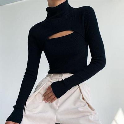 Autumn Winter Women Fashion Ribber Knitted Turtleneck Top Hollow Out Casual Long Sleeve T Shirt Skinny Slim Tee Lady Clothing