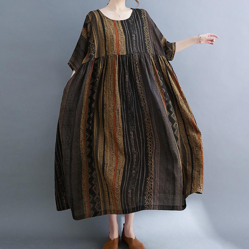 

Летнее хлопковое конопляное художественное платье большого размера с принтом в полоску, средней длины, с коротким рукавом, для женщин, повседневные платья M