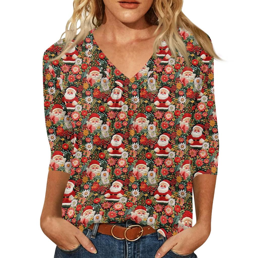 Women's Fashion Casual V-Neck Christmas Print 3/4 Sleeve Top for Holiday Everyday Wear