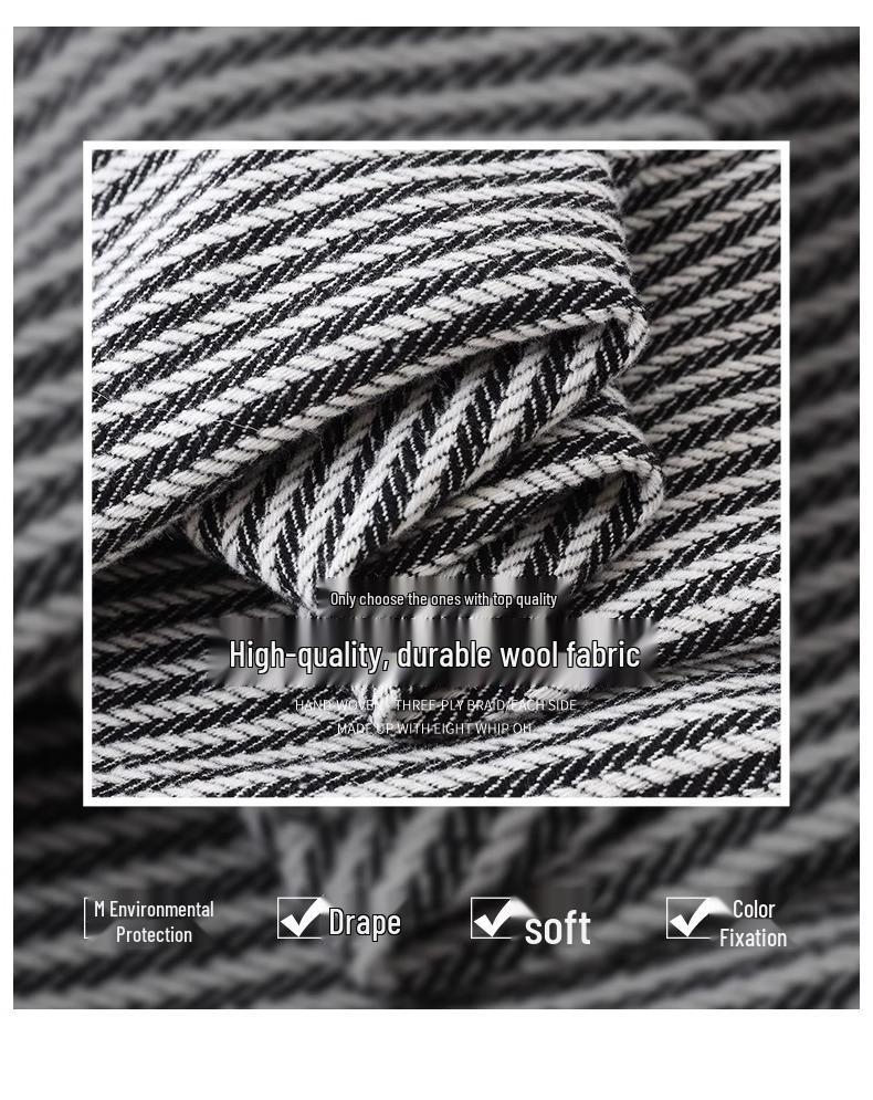 Women's Petite 145cm Black Stripe Wool Wide-Leg Pants - Retro Autumn/Winter Casual Stroll