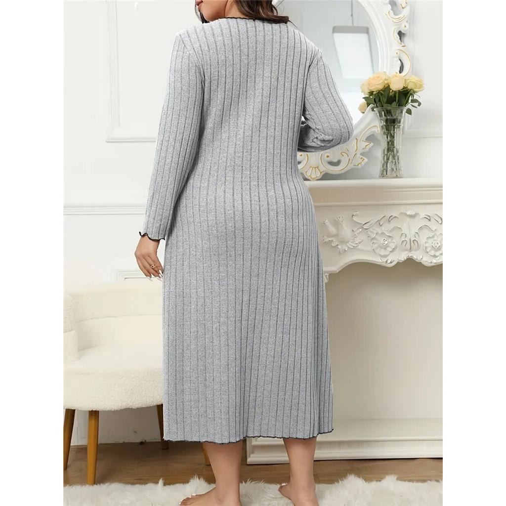 Kvinners avslappet lang kjole med lange ermer V-hals ensfarget treøreringer pluss størrelse kjole