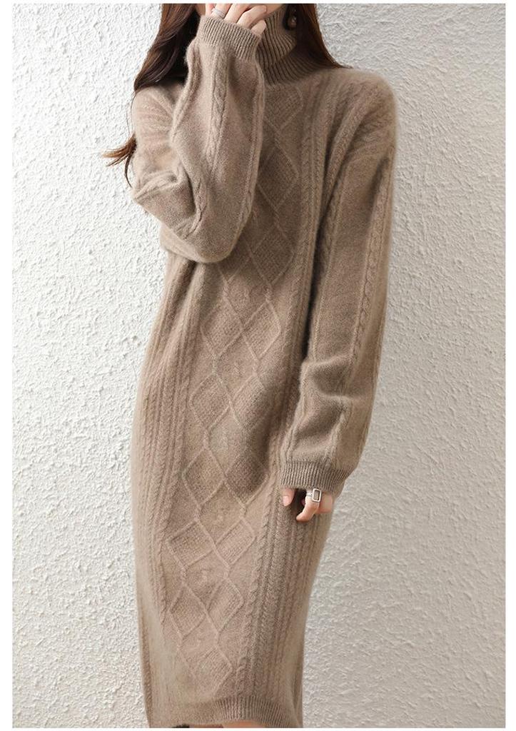 Women's Mid-Length Wool Cashmere Sweater Dress - Bat Sleeve, High Neck, Loose Fit, Autumn/Winter Style
