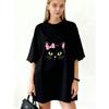 Oversized T Shirt Dress Black Cat With Pink Bow And Green Eyes Graphic Print Casual Everyday Wear