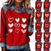 Women's Fashion Flared Long Sleeve Denim Patchwork Sweatshirt Valentine's Day Print Casual Pullover Top
